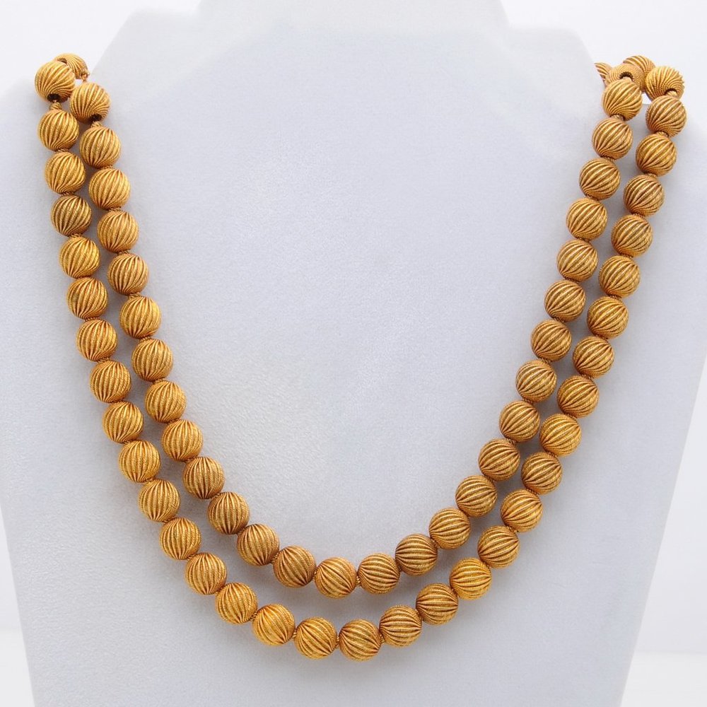 Classic Golden Fluted Bead Necklace & Earrings SET - VINTAGE